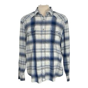 Lucky Brand Classic Fit Mens XXL Blue Plaid Western Pearl Snap Button Down Shirt